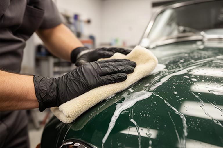 Schonende Handwäsche eines klassischen Oldtimers mit weichen Waschhandschuhen in einer Detailing-Halle