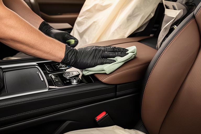 Lederpflege an einem hochwertigen SUV-Sitz mit sorgfältig abgedecktem Innenraum