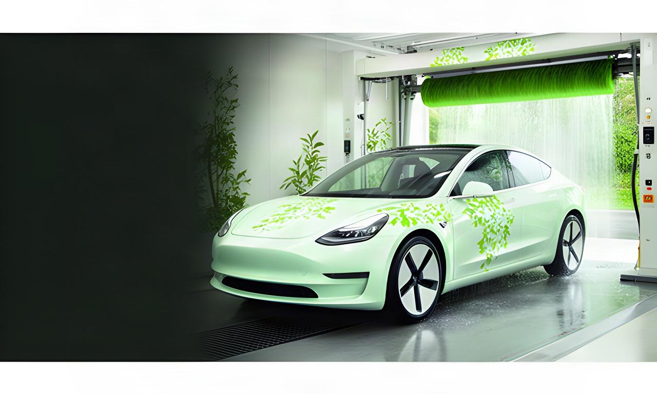 Glänzendes Elektroauto mit Blattspiegelungen auf dem Lack in einer hellen, grünen Waschstraße