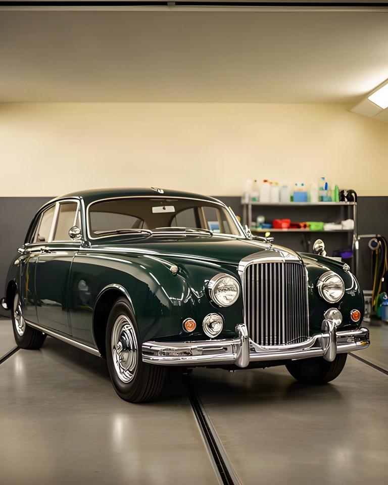 Dunkelgrüner Oldtimer mit glänzendem Chrom in einer sorgfältig beleuchteten Pflegehalle