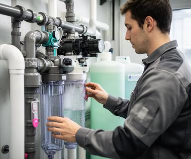 Tirdad Luthermoser kontrolliert die Wassertechnik der ökologischen Autowäsche